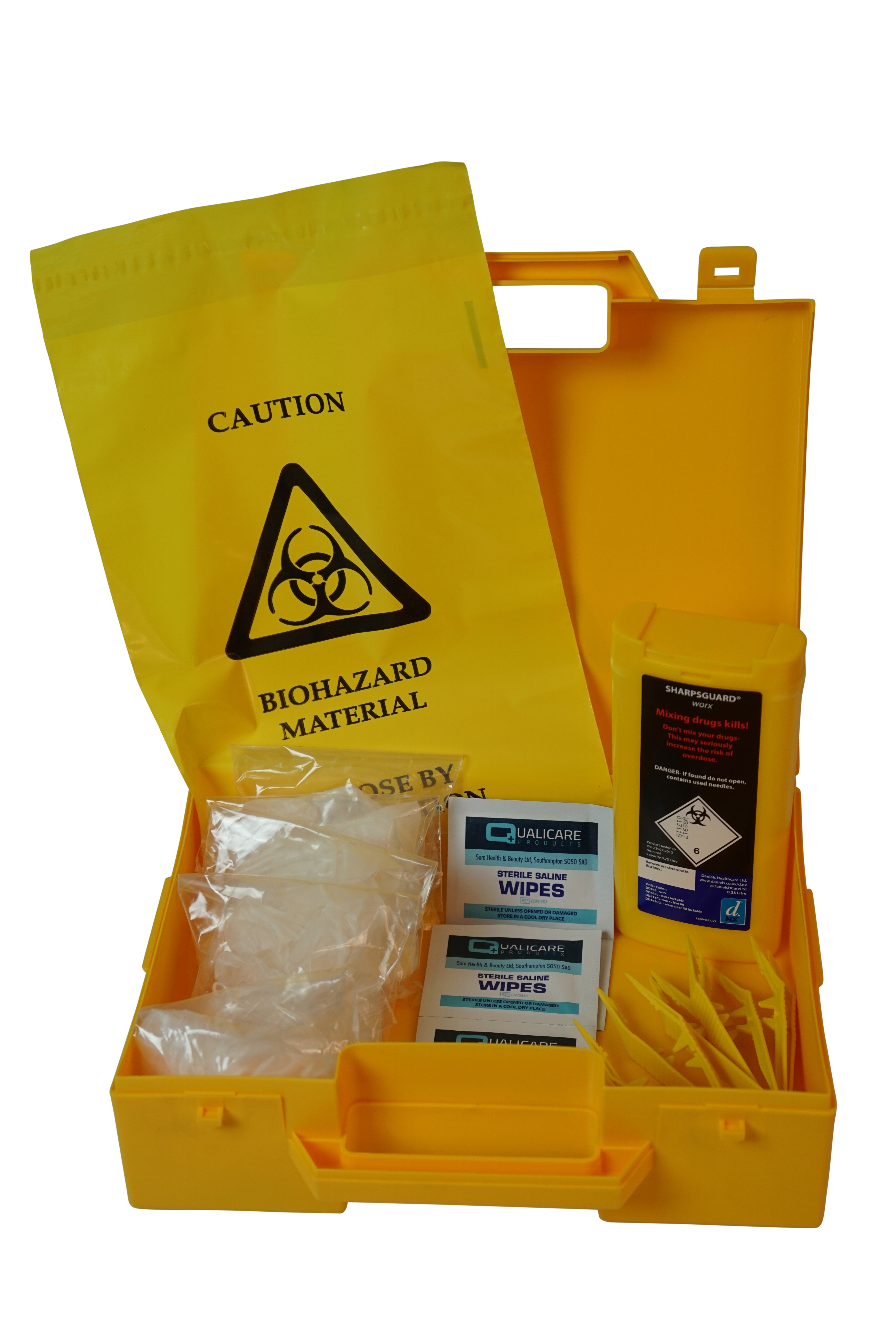 Sharps Disposal Kit comprising of 0.25 litre bin, 5 x wipes, disposal bags, gloves and tweezers supplied in yellow carrying case