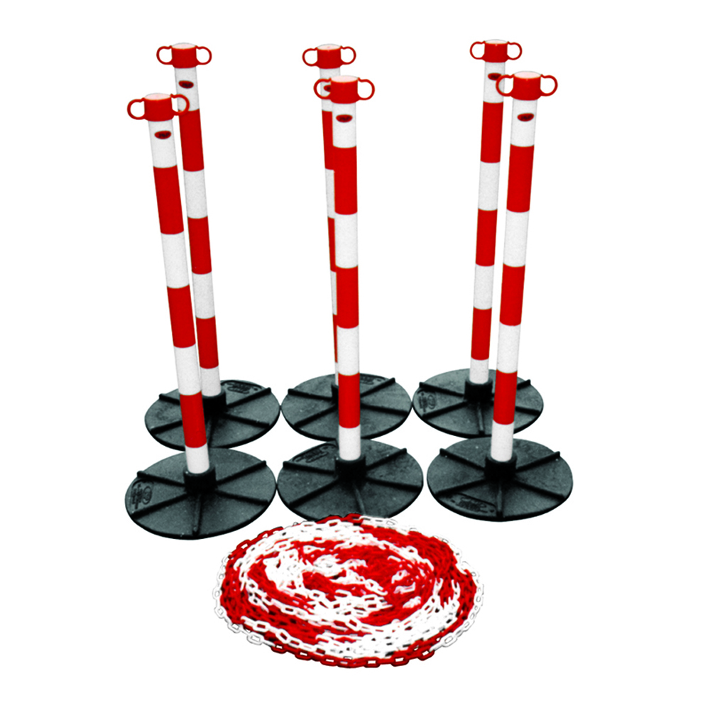 Red/White Post & Chain Kit comprising 6no 1000mm Posts, 6no Post Bases and 25m Red/White Plastic Chain